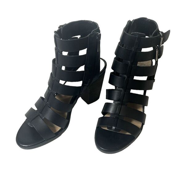 Vince Camuto Womens 7.5M Black Leather High Heels Ankle Wrap Zip Open Toe Sandal - Picture 3 of 11